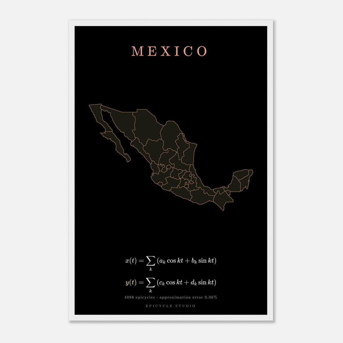 Mexico map drawn by 4096 rotating circles, salmon line art on a framed poster (5)