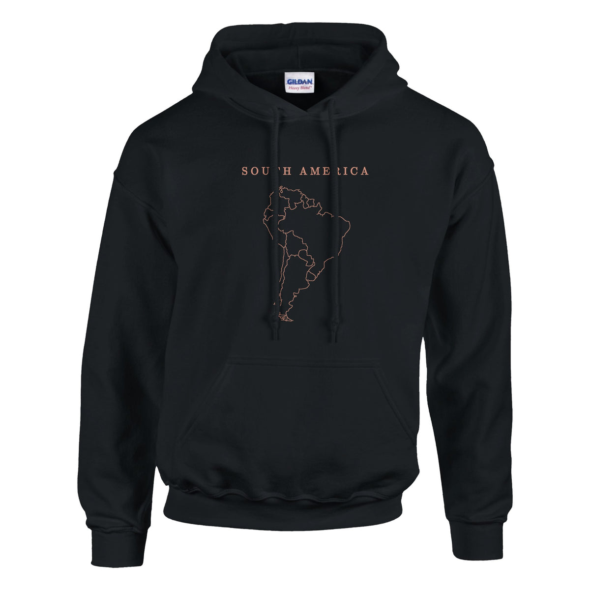 South America map drawn by 4096 rotating circles, salmon line art on a black hoodie