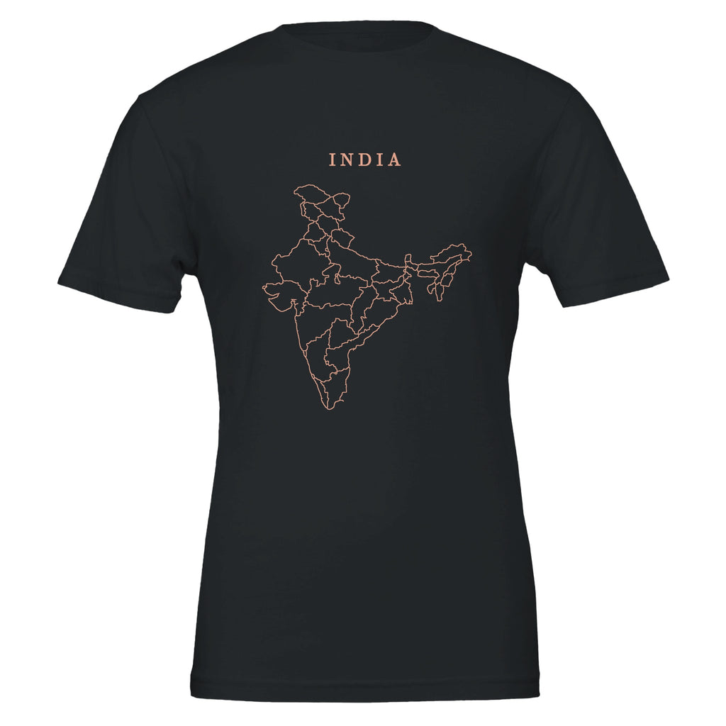 India map drawn by 4096 rotating circles, salmon line art on a black t-shirt