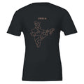India map drawn by 4096 rotating circles, salmon line art on a black t-shirt