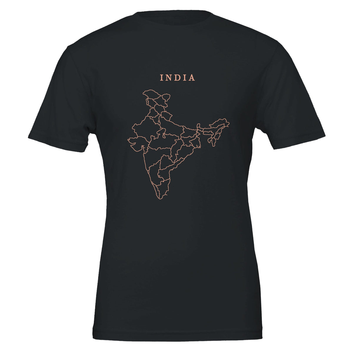 India map drawn by 4096 rotating circles, salmon line art on a black t-shirt