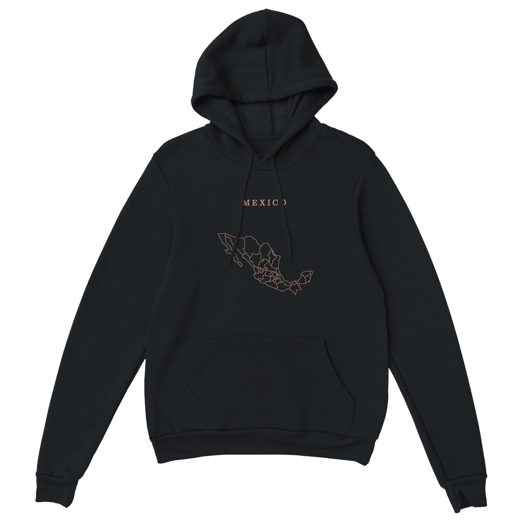 Mexico map drawn by 4096 rotating circles, salmon line art on a black hoodie (2)