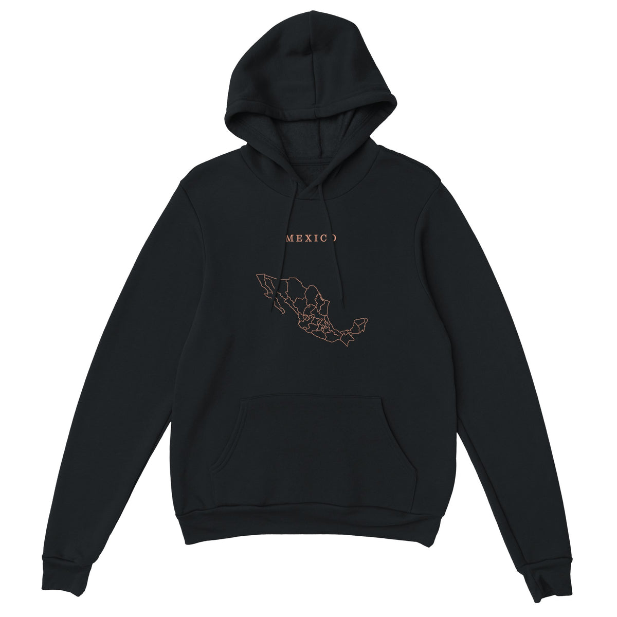 Mexico map drawn by 4096 rotating circles, salmon line art on a black hoodie (2)