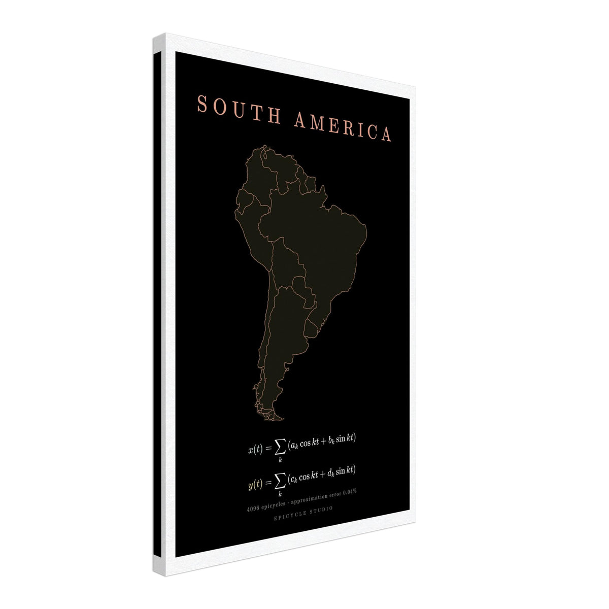 South America map drawn by 4096 rotating circles, salmon line art on a canvas print (2)