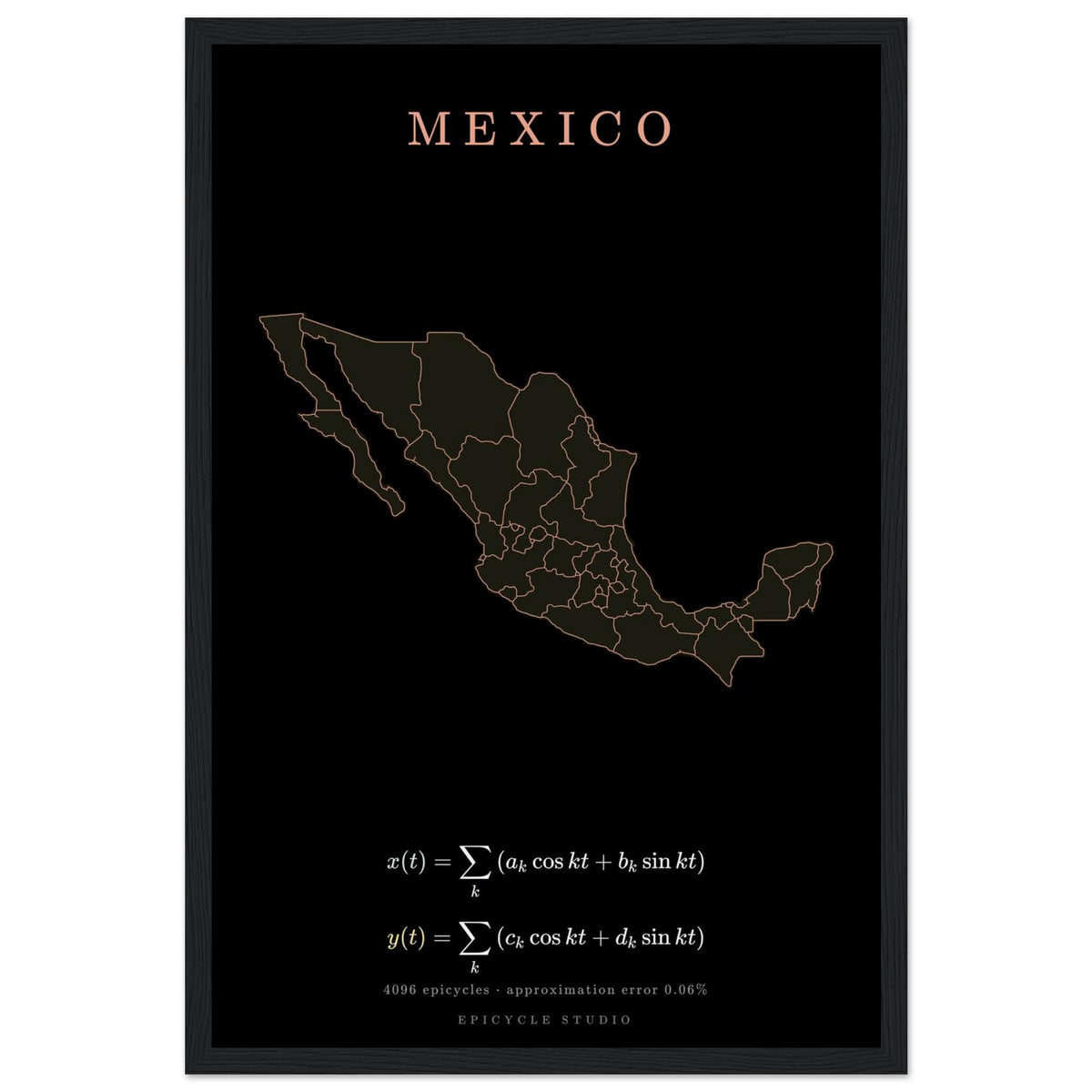 Mexico map drawn by 4096 rotating circles, salmon line art on a framed poster