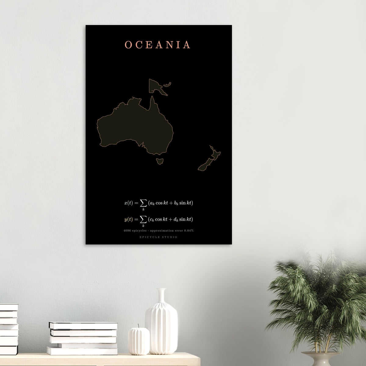 Oceania map drawn by 4096 rotating circles, salmon line art on a matte poster (6)