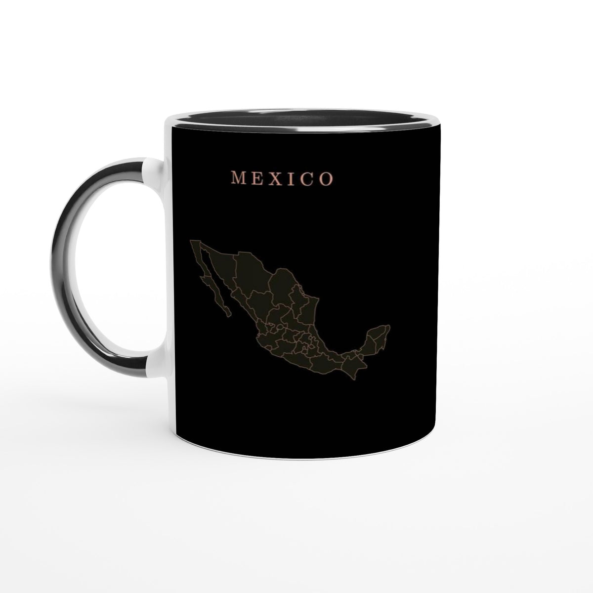 Mexico map drawn by 4096 rotating circles, salmon line art on a black mug (2)