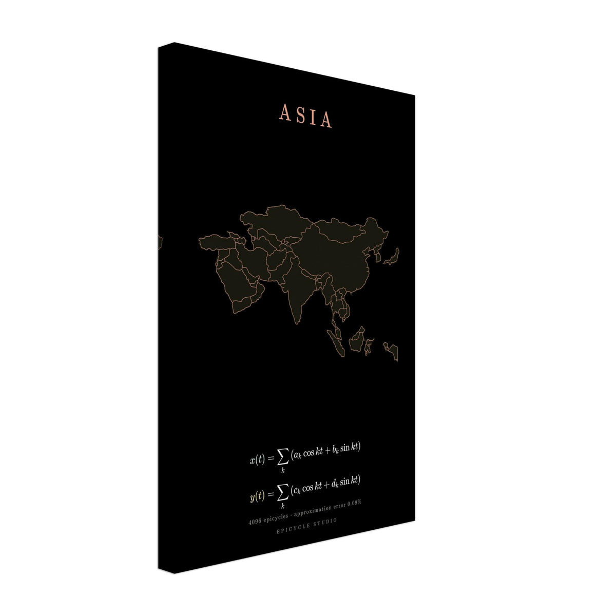 Asia map drawn by 4096 rotating circles, salmon line art on a canvas print (3)