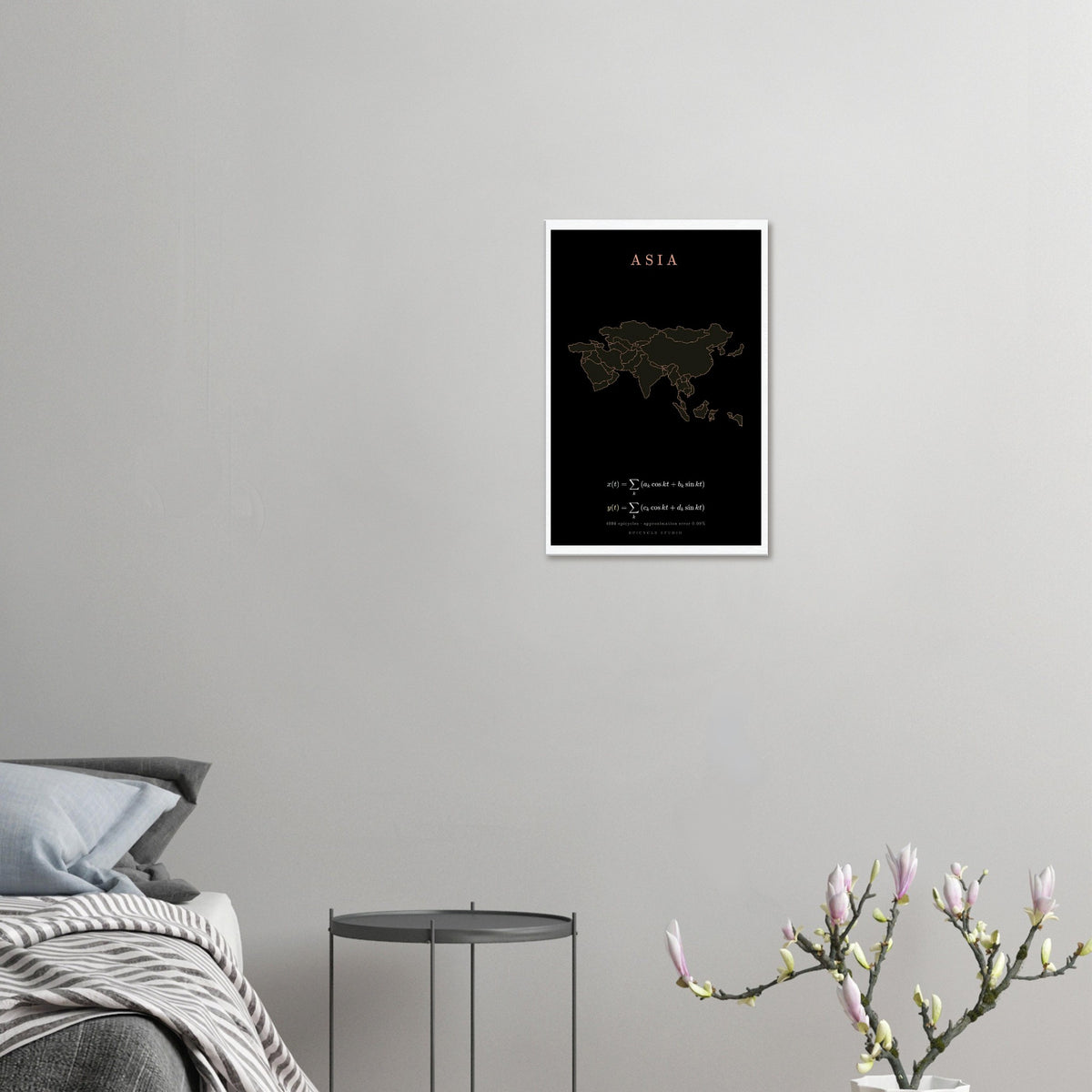 Asia map drawn by 4096 rotating circles, salmon line art on a canvas print (4)