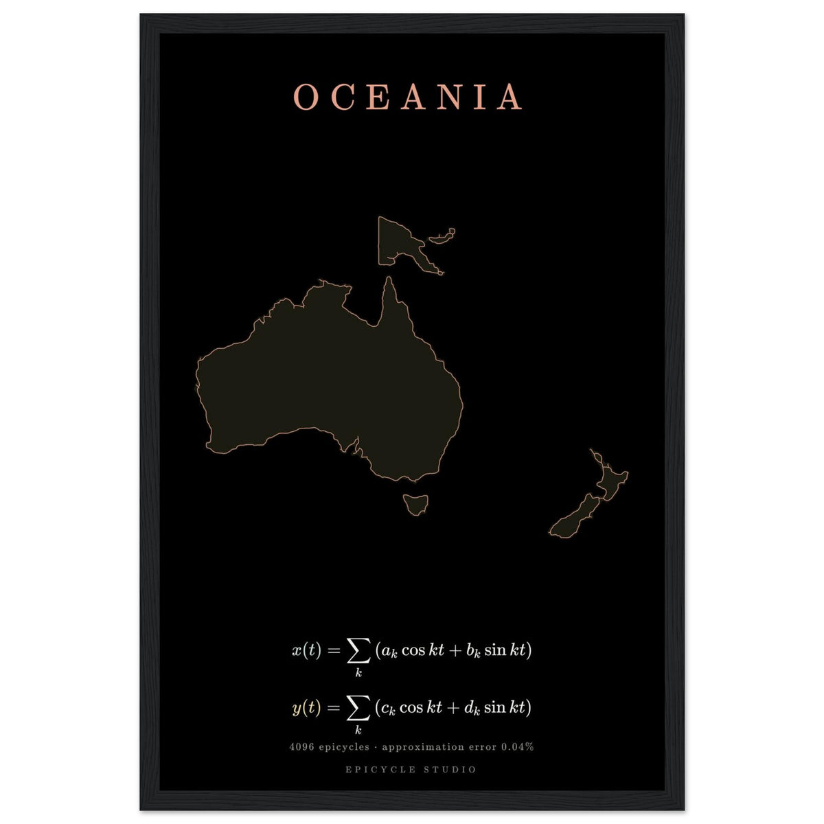 Oceania map drawn by 4096 rotating circles, salmon line art on a framed poster