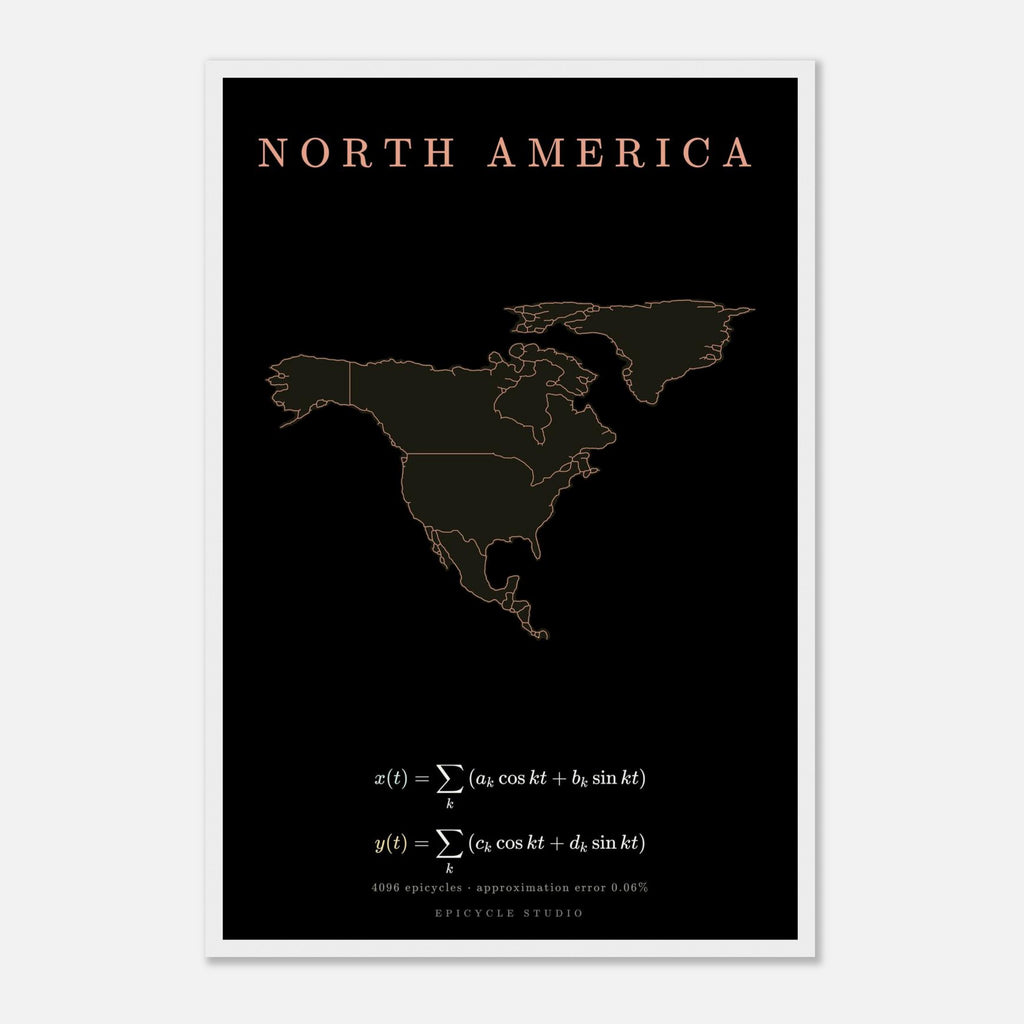 North America map drawn by 4096 rotating circles, salmon line art on a framed poster (5)