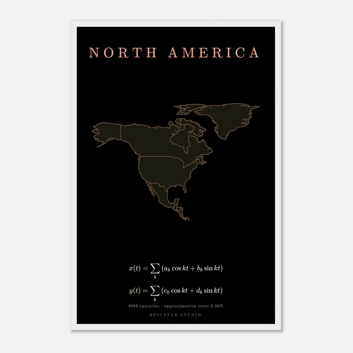 North America map drawn by 4096 rotating circles, salmon line art on a framed poster (5)