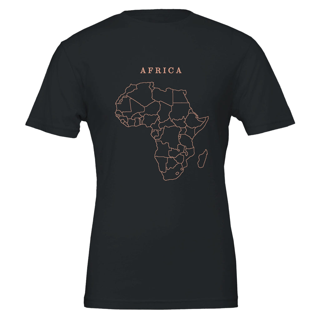 Africa map drawn by 4096 rotating circles, salmon line art on a black t-shirt