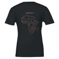 Africa map drawn by 4096 rotating circles, salmon line art on a black t-shirt