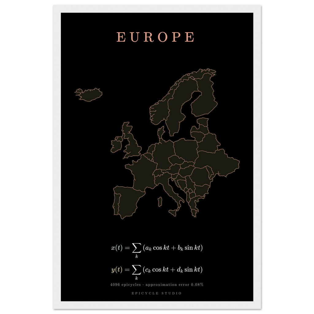 Europe map drawn by 4096 rotating circles, salmon line art on a framed poster (4)