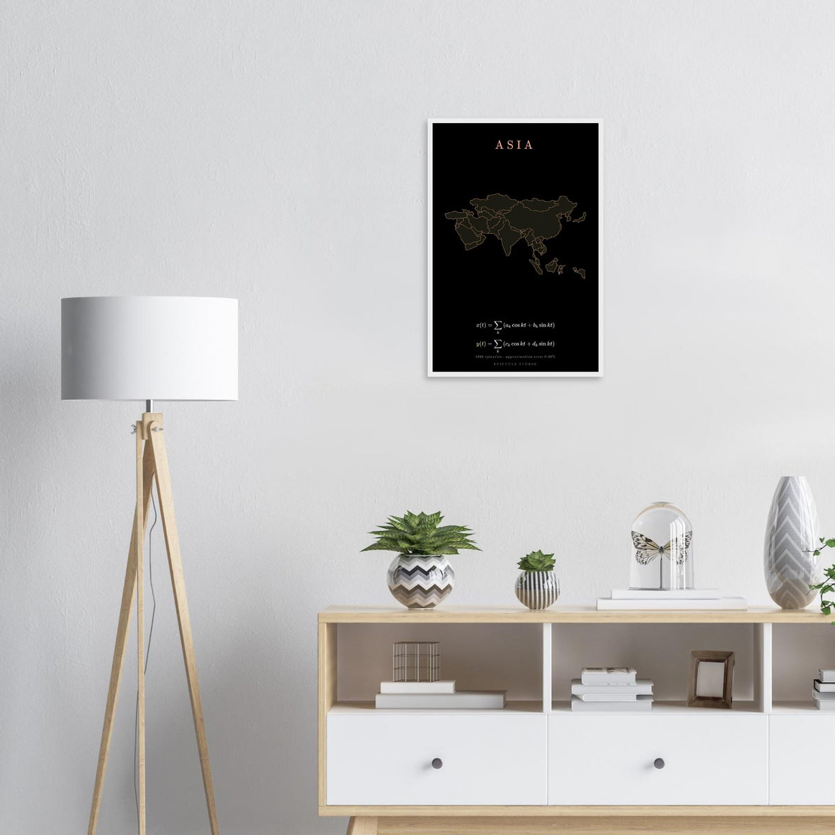 Asia map drawn by 4096 rotating circles, salmon line art on a framed poster (8)