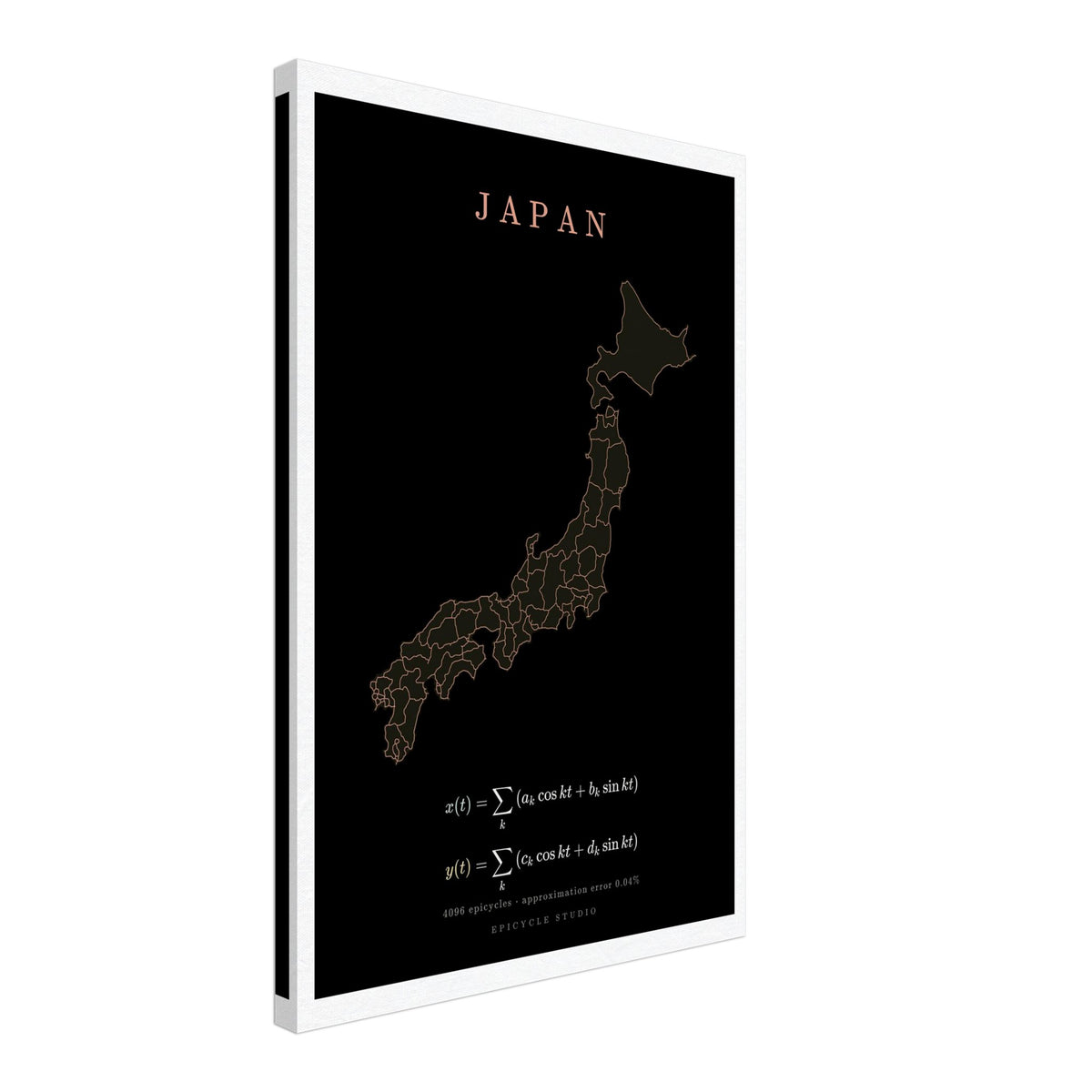 Japan map drawn by 4096 rotating circles, salmon line art on a canvas print (2)