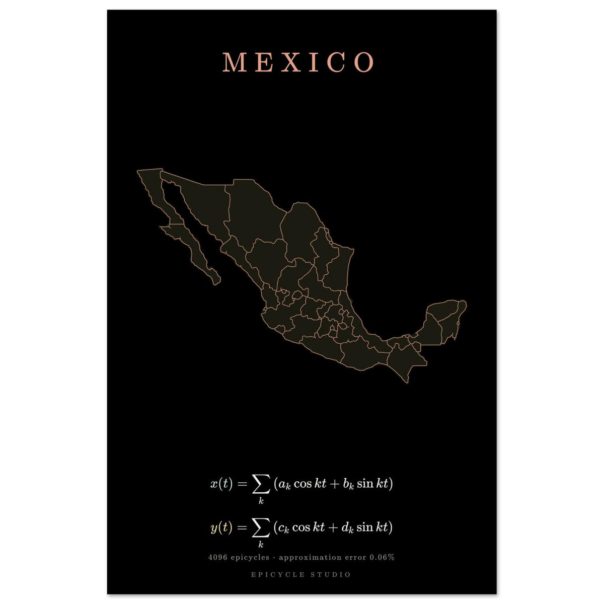 Mexico map drawn by 4096 rotating circles, salmon line art on a matte poster (2)