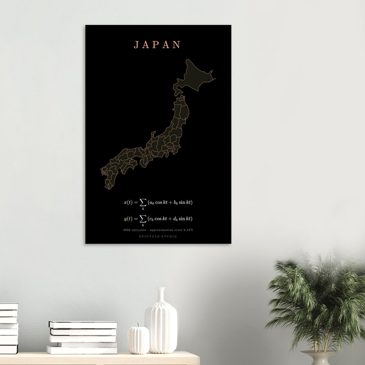 Japan map drawn by 4096 rotating circles, salmon line art on a matte poster (6)