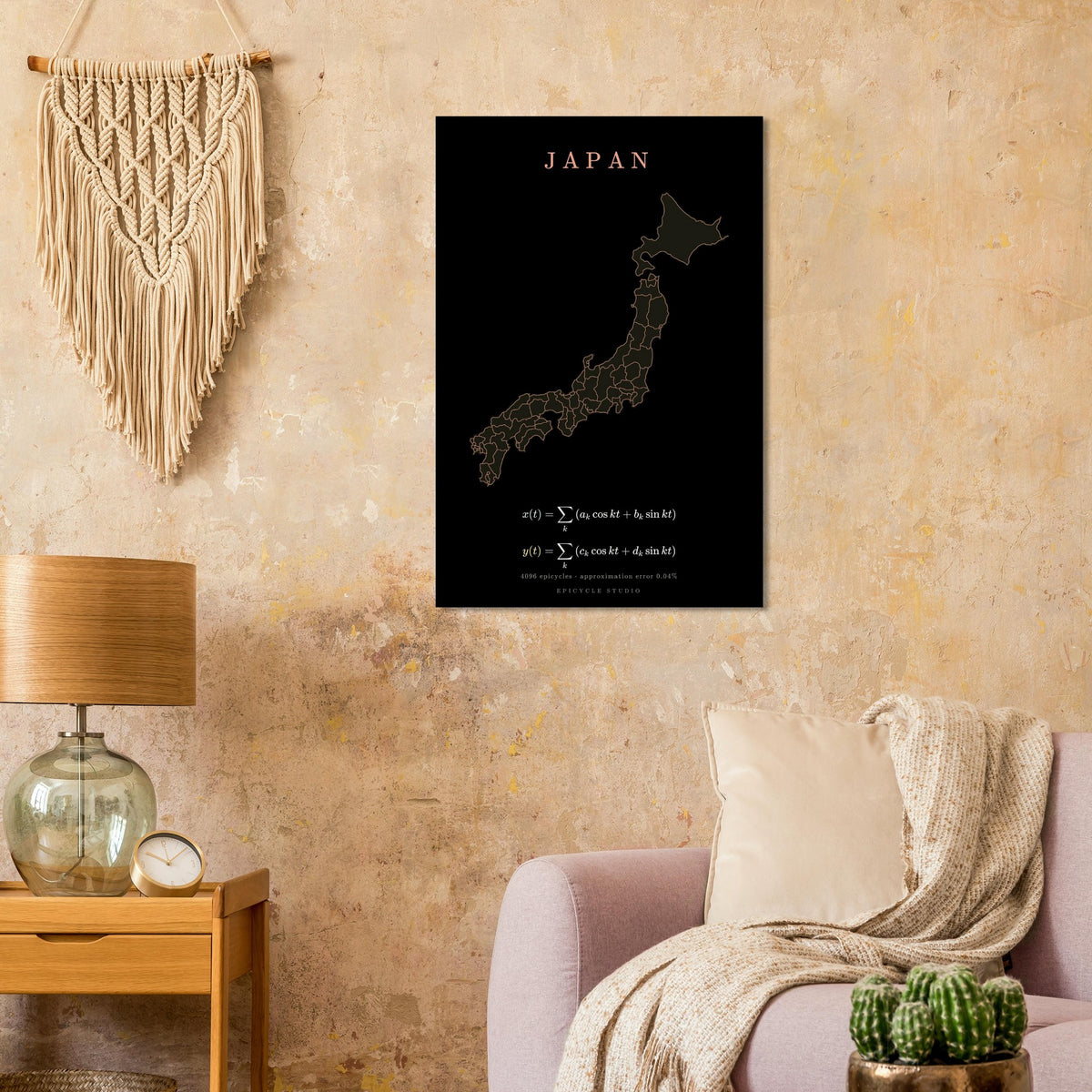 Japan map drawn by 4096 rotating circles, salmon line art on a matte poster (8)