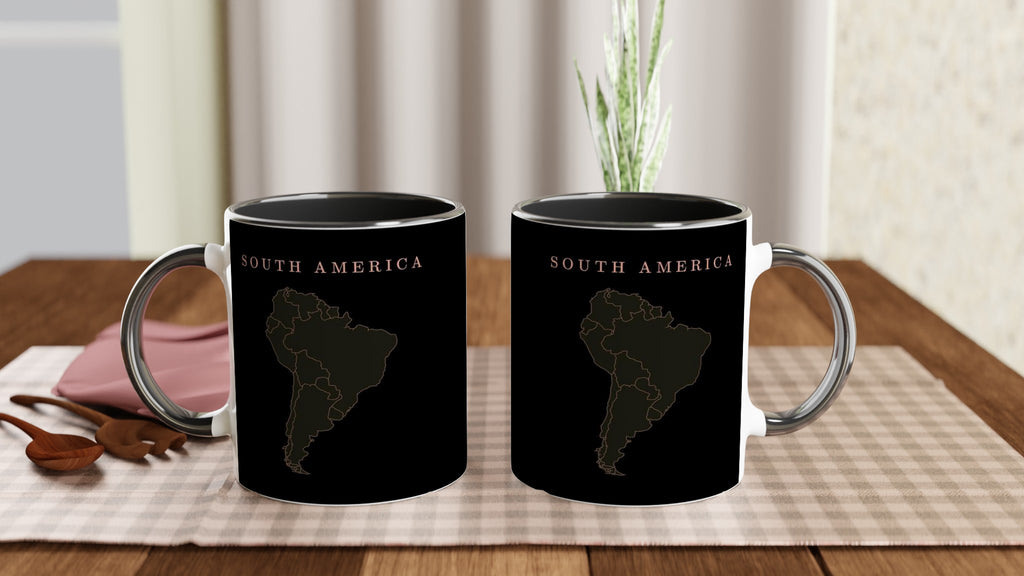 South America map drawn by 4096 rotating circles, salmon line art on a black mug (4)