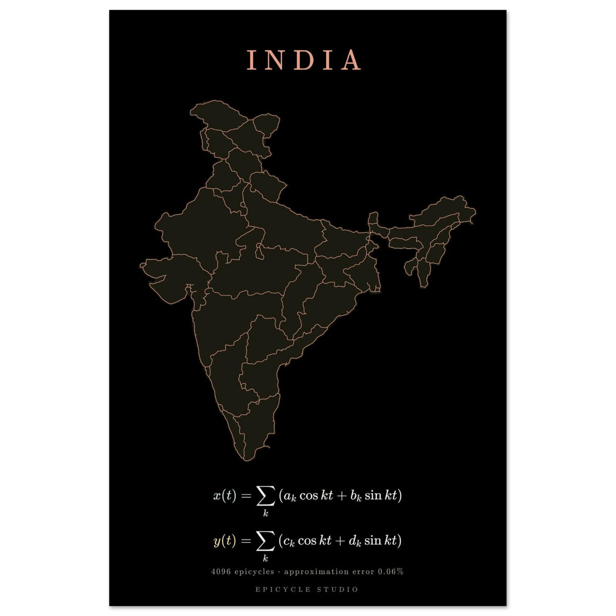 India map drawn by 4096 rotating circles, salmon line art on a matte poster (3)