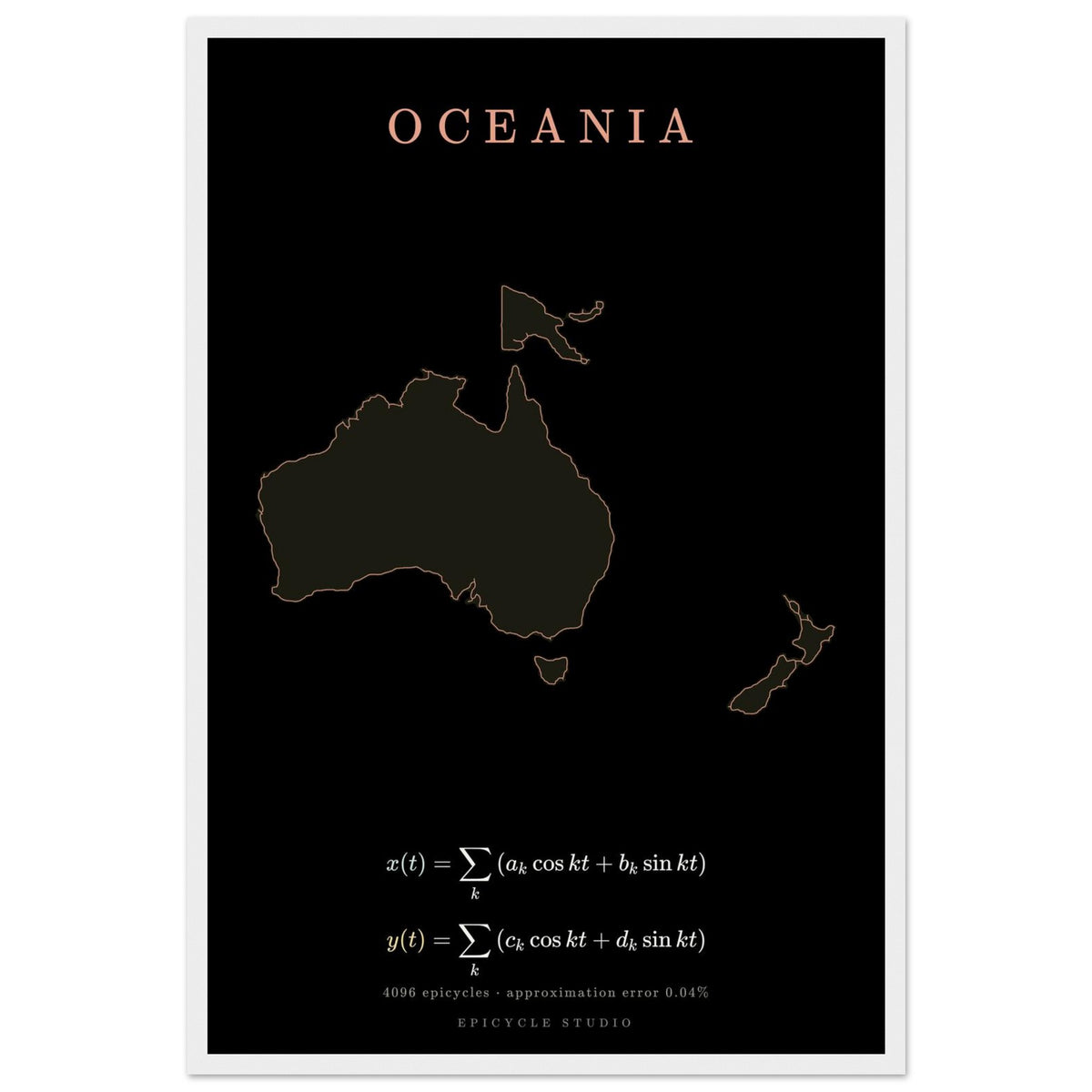 Oceania map drawn by 4096 rotating circles, salmon line art on a framed poster (2)