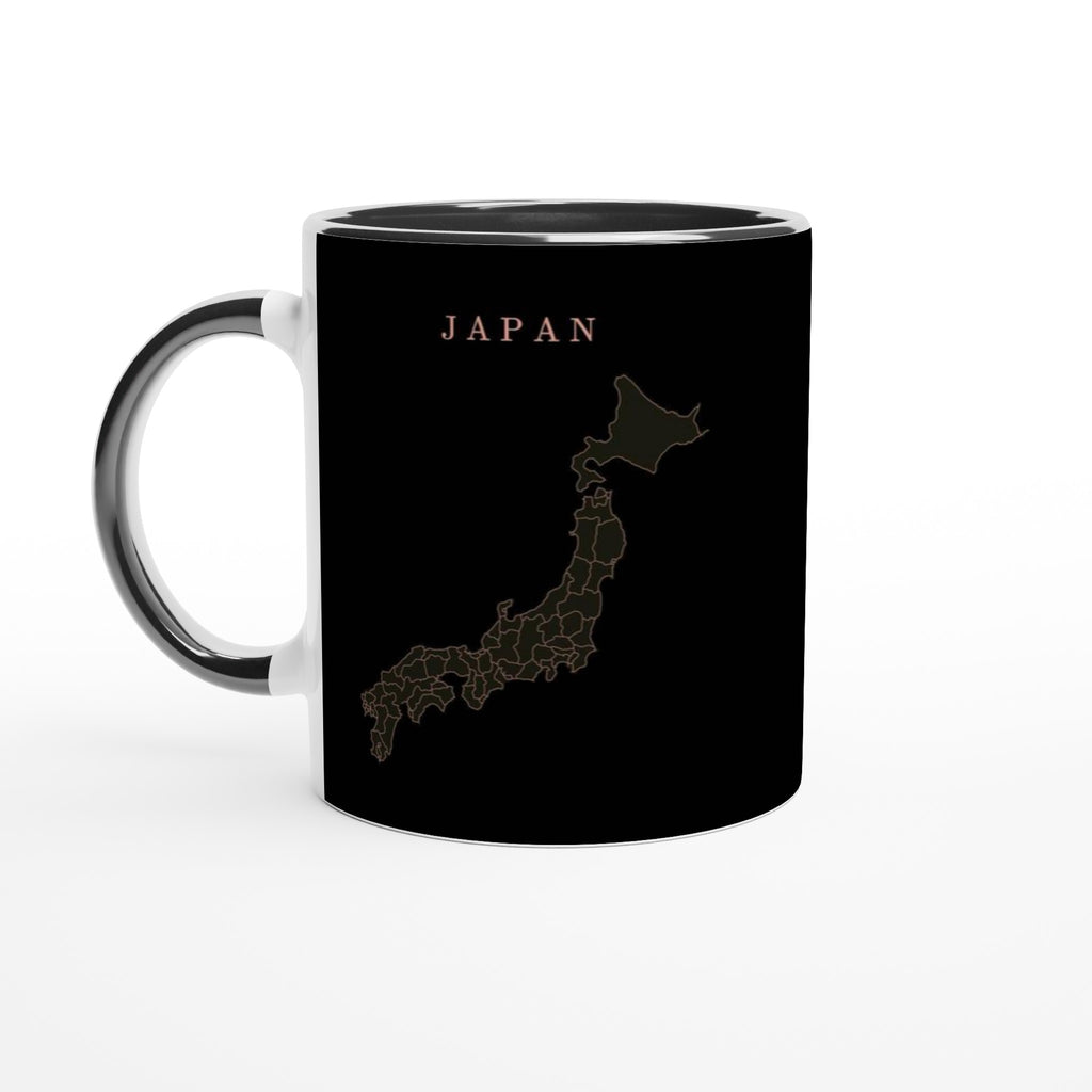 Japan map drawn by 4096 rotating circles, salmon line art on a black mug (2)