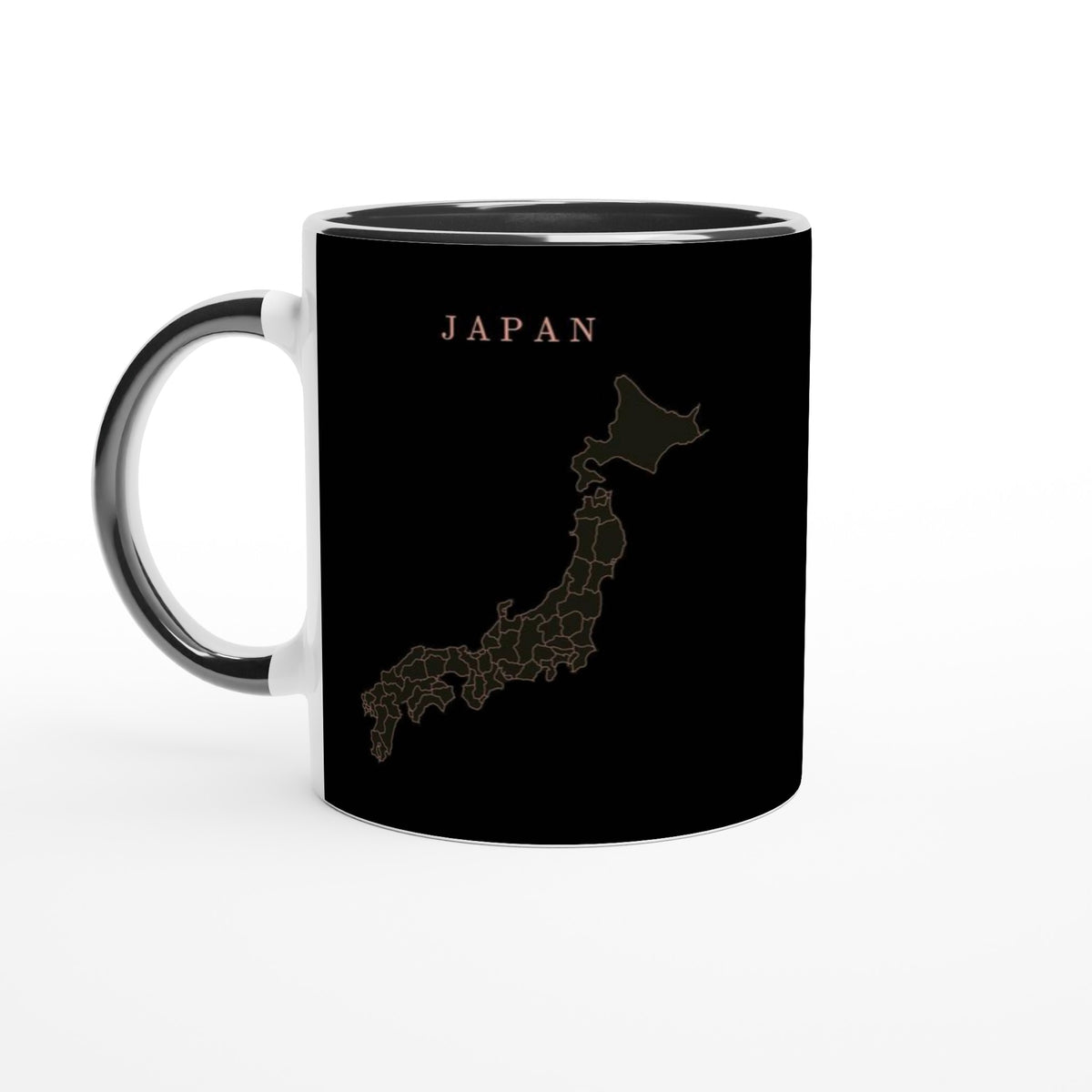 Japan map drawn by 4096 rotating circles, salmon line art on a black mug (2)