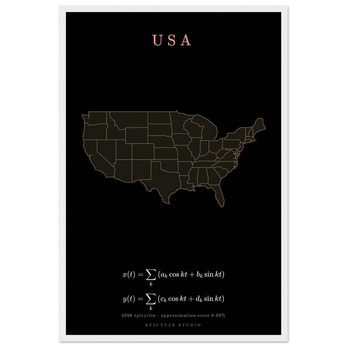 USA map drawn by 4096 rotating circles, salmon line art on a framed poster (2)