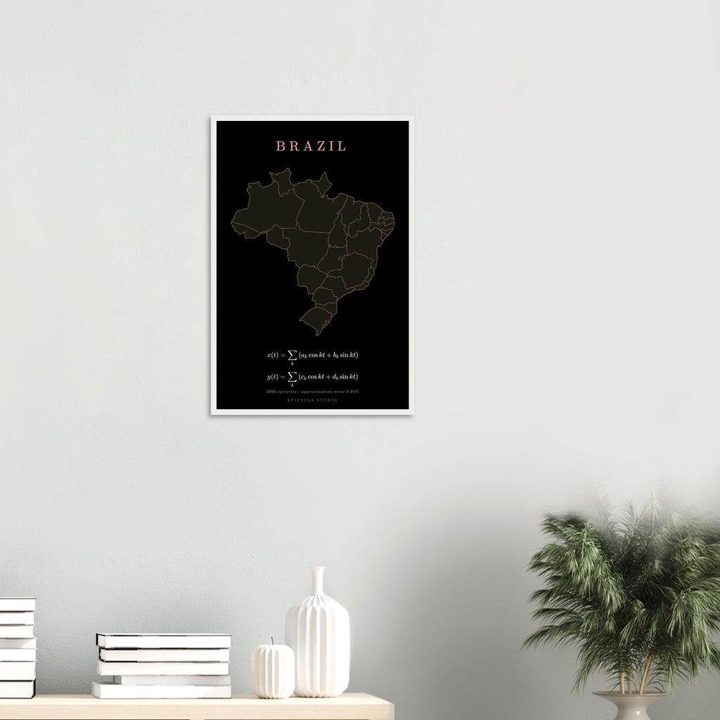 Brazil map drawn by 4096 rotating circles, salmon line art on a framed poster (7)