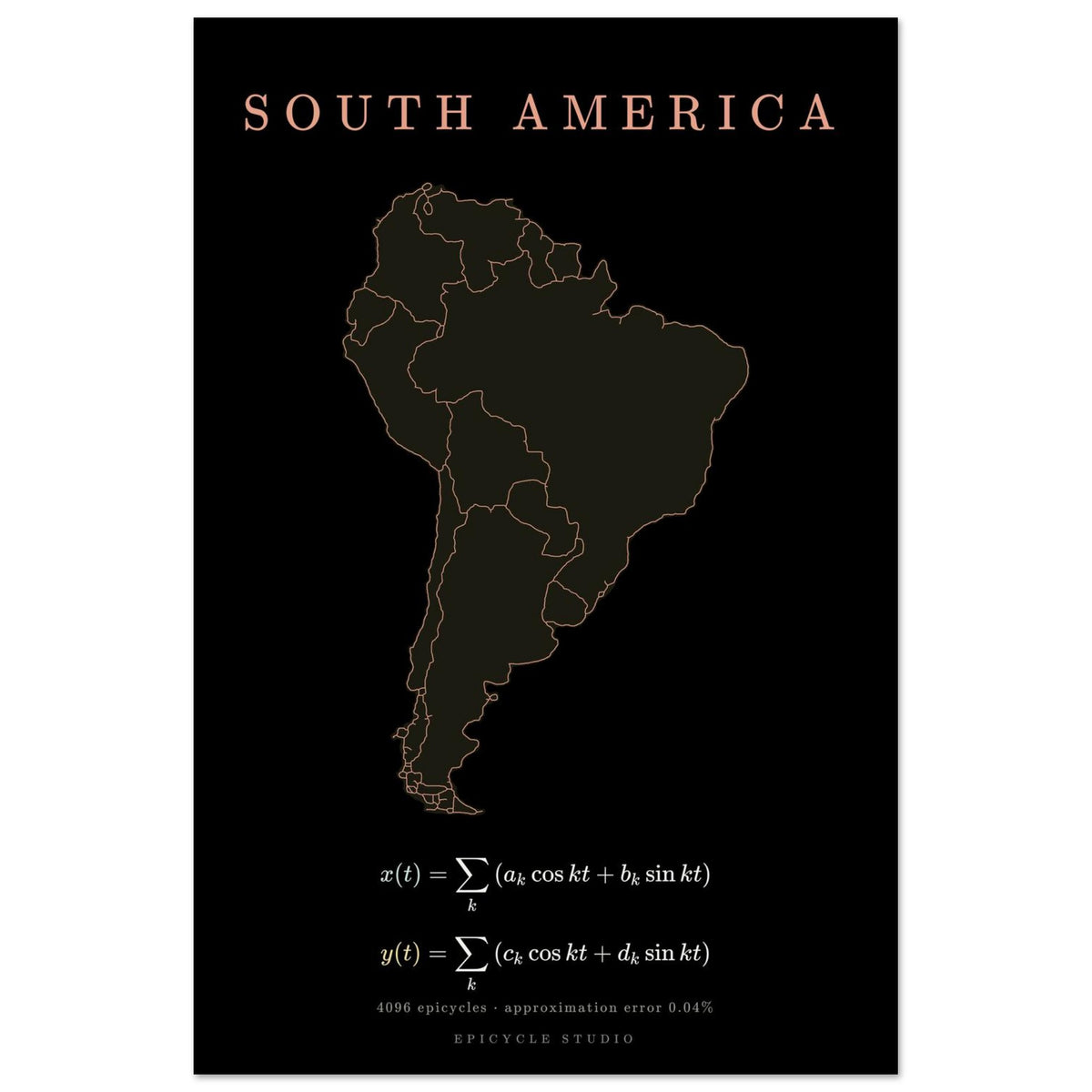 South America map drawn by 4096 rotating circles, salmon line art on a matte poster (2)