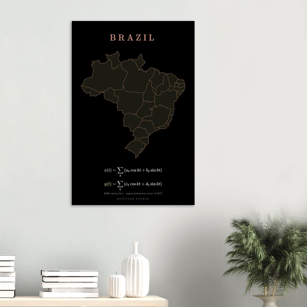 Brazil map drawn by 4096 rotating circles, salmon line art on a matte poster (6)