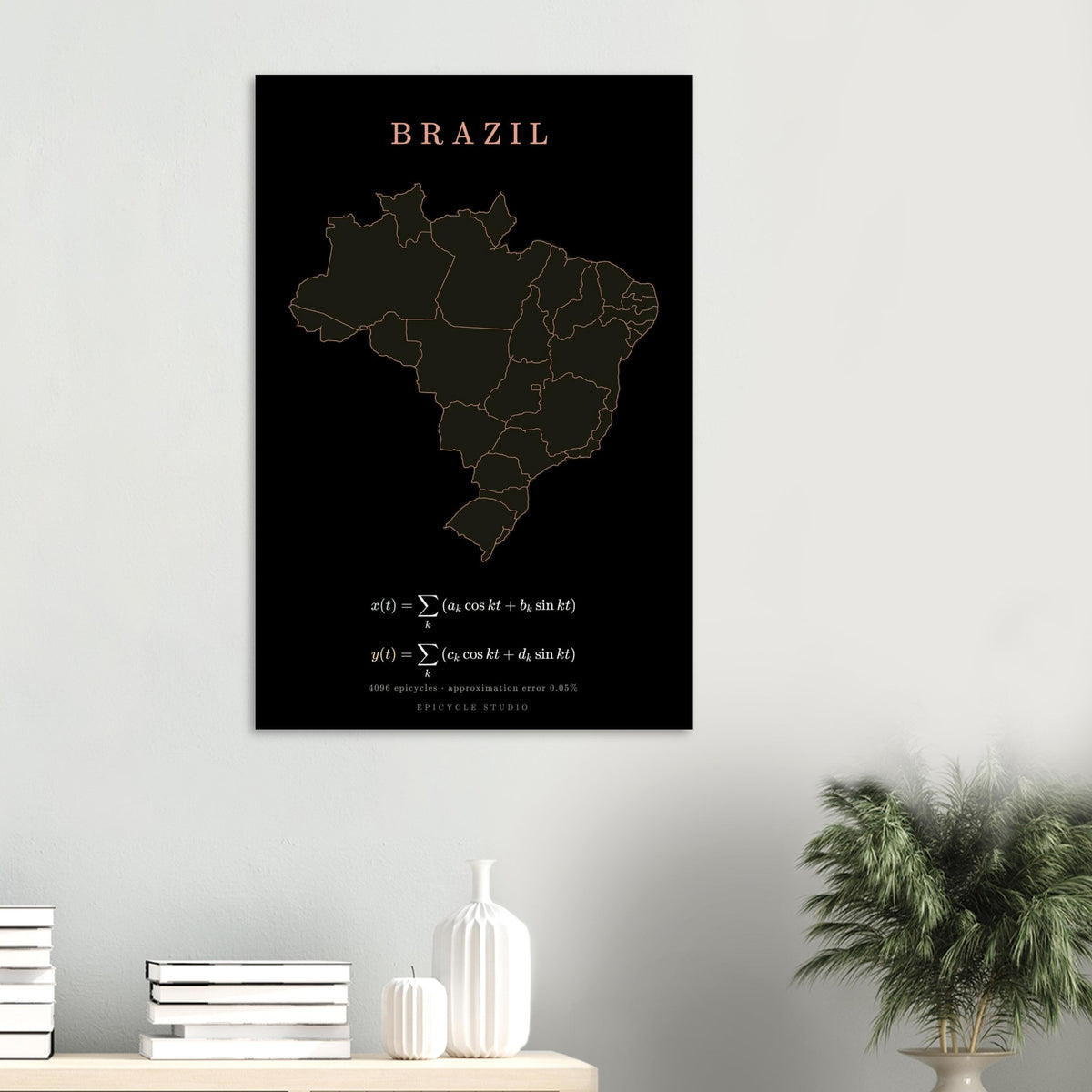 Brazil map drawn by 4096 rotating circles, salmon line art on a matte poster (6)
