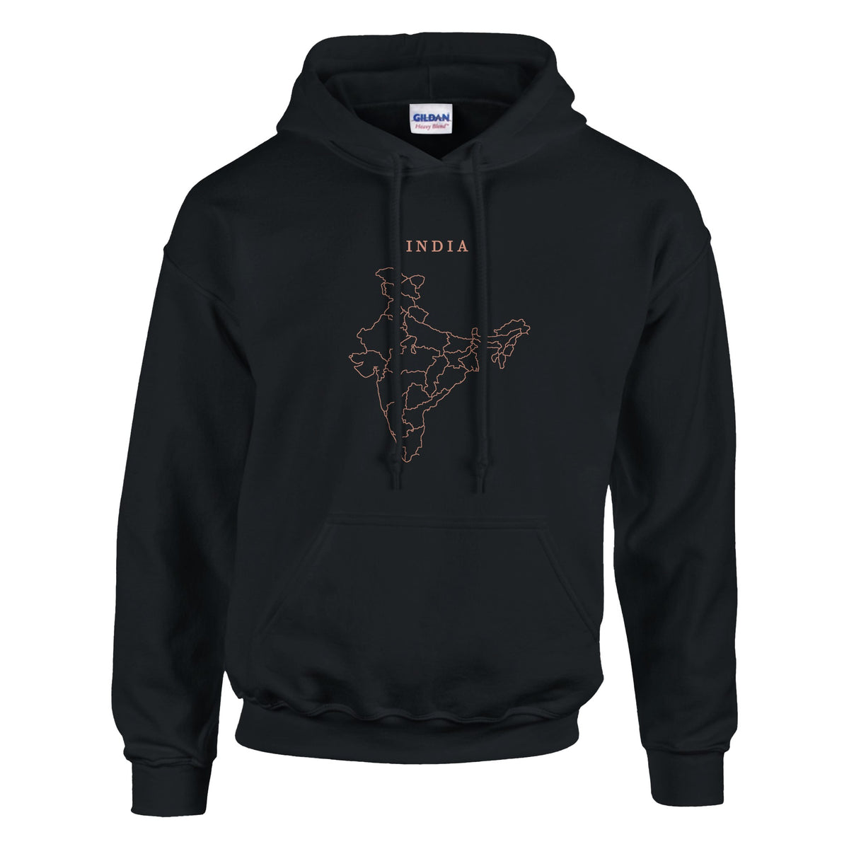 India map drawn by 4096 rotating circles, salmon line art on a black hoodie