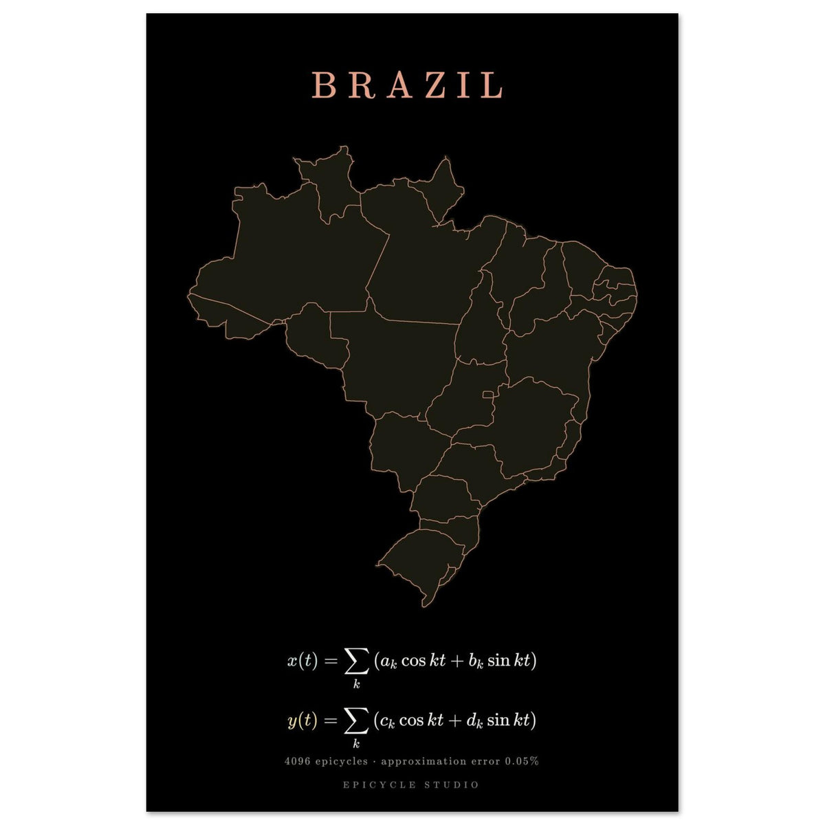 Brazil map drawn by 4096 rotating circles, salmon line art on a matte poster (2)