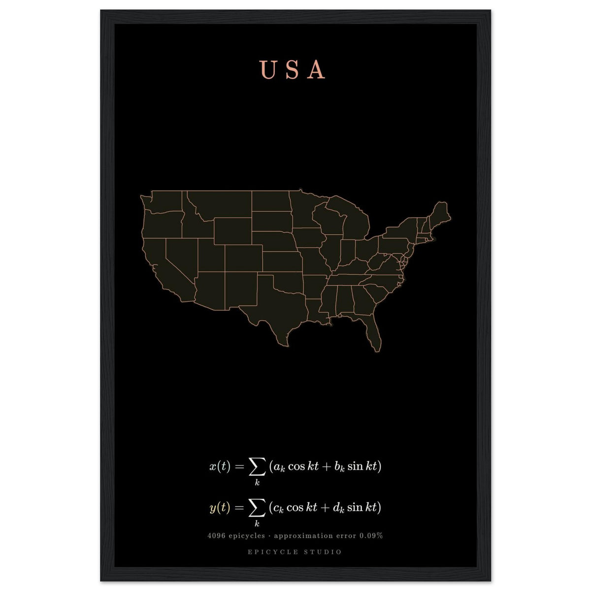 USA map drawn by 4096 rotating circles, salmon line art on a framed poster