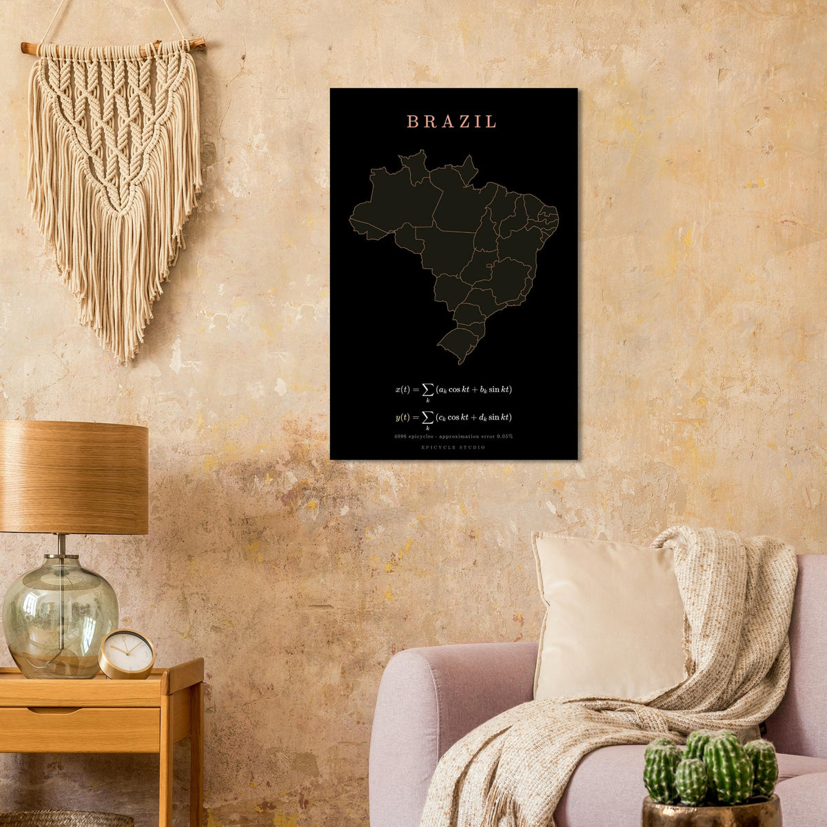 Brazil map drawn by 4096 rotating circles, salmon line art on a matte poster (8)