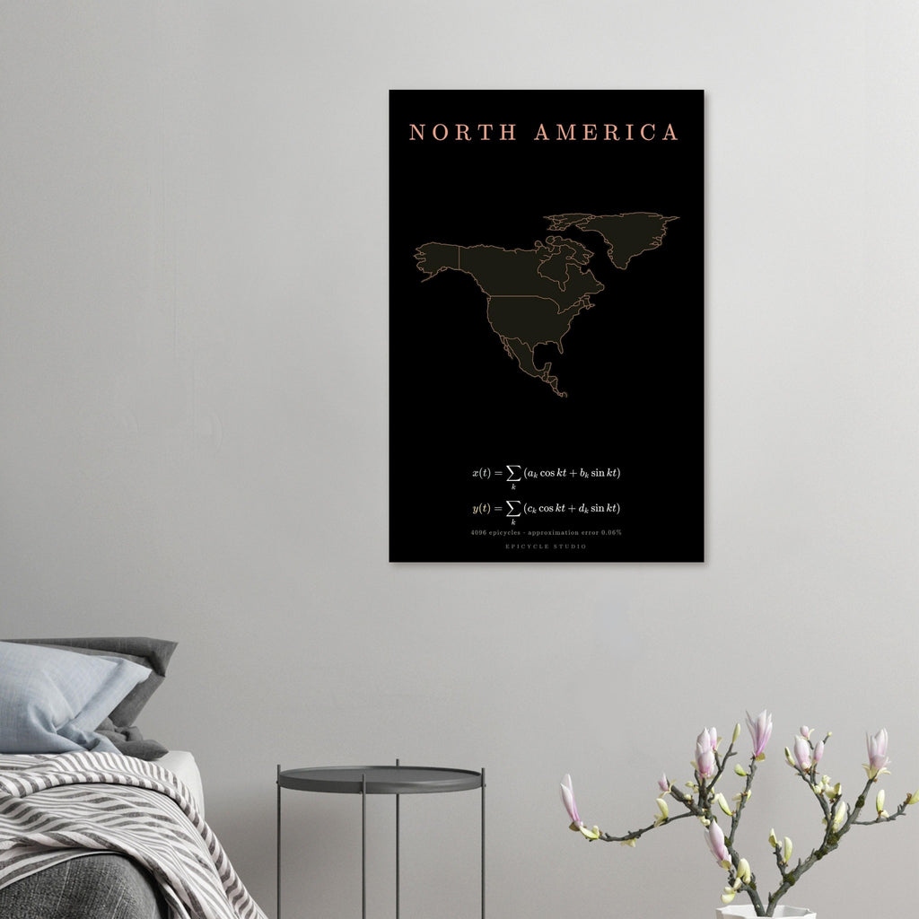 North America map drawn by 4096 rotating circles, salmon line art on a matte poster (5)