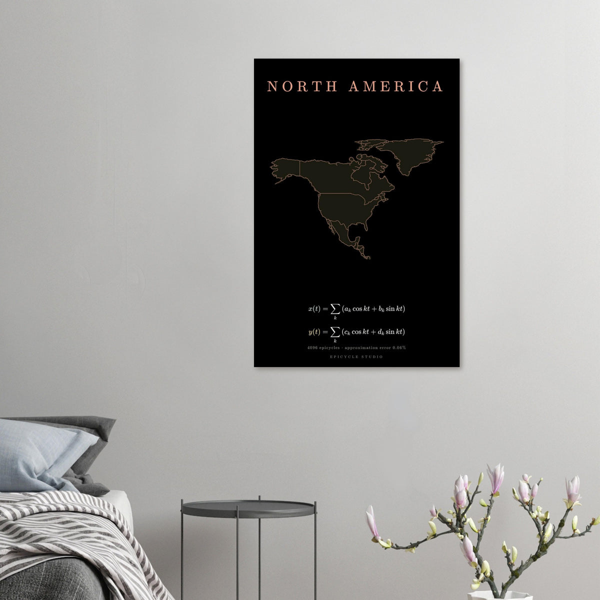North America map drawn by 4096 rotating circles, salmon line art on a matte poster (5)