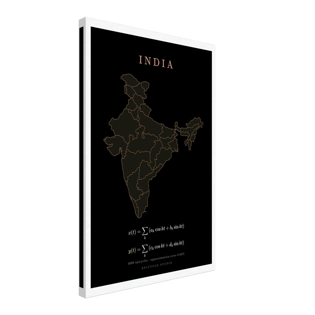 India map drawn by 4096 rotating circles, salmon line art on a canvas print (2)