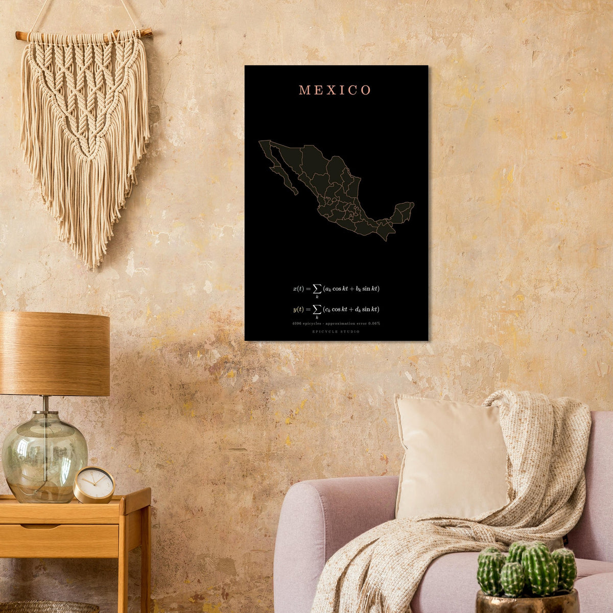 Mexico map drawn by 4096 rotating circles, salmon line art on a matte poster (8)