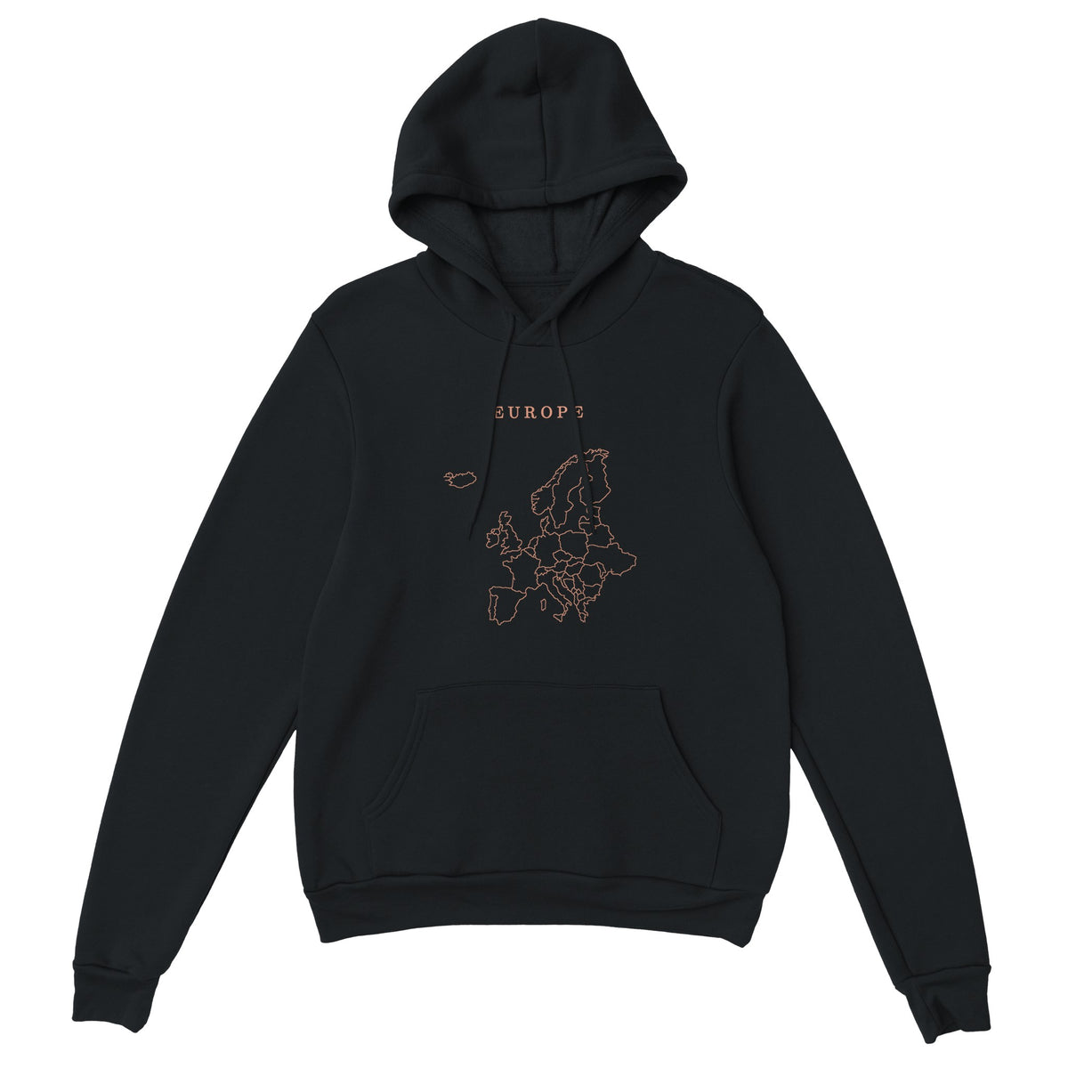 Europe map drawn by 4096 rotating circles, salmon line art on a black hoodie (2)
