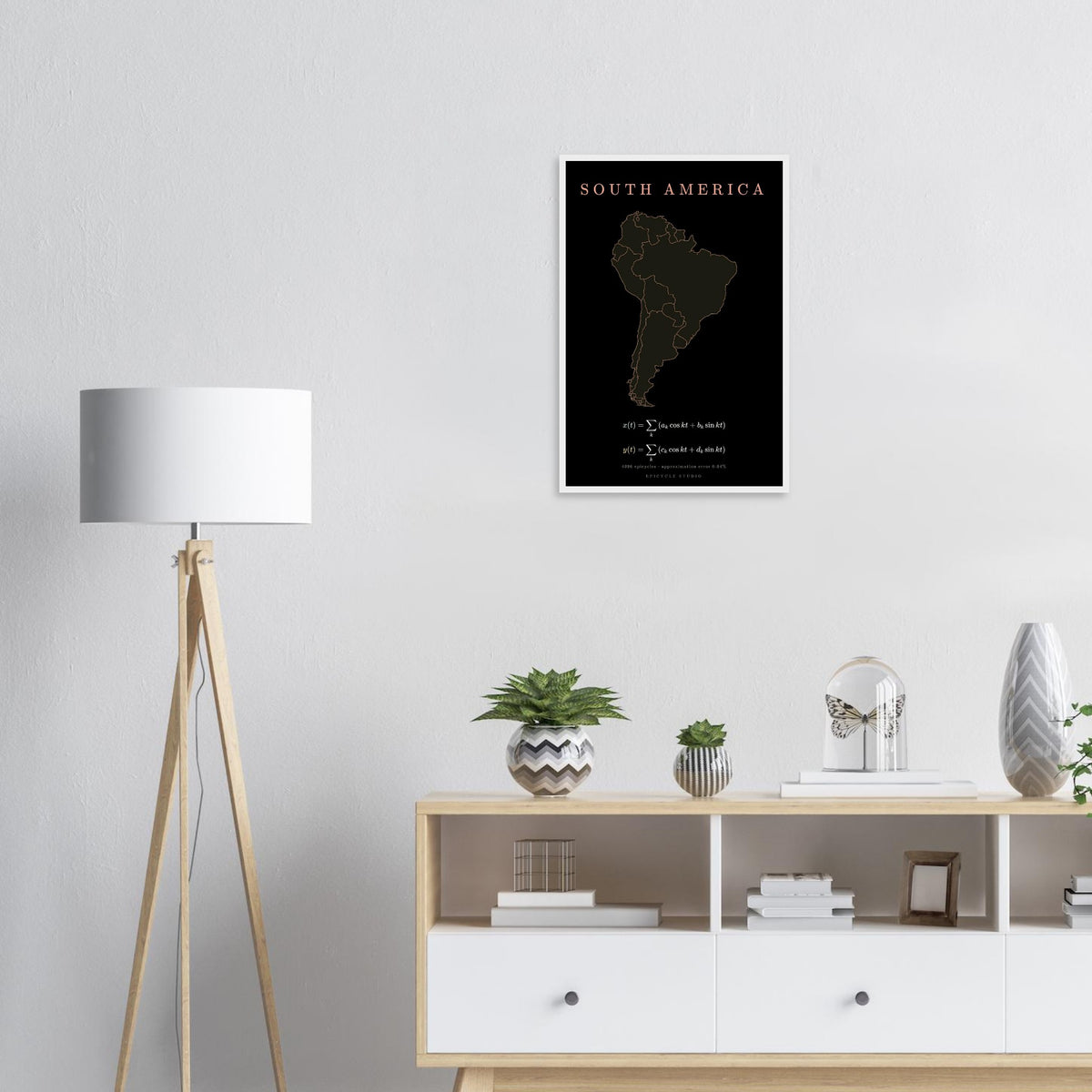 South America map drawn by 4096 rotating circles, salmon line art on a framed poster (8)