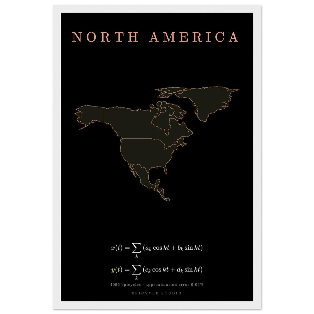 North America map drawn by 4096 rotating circles, salmon line art on a framed poster (4)