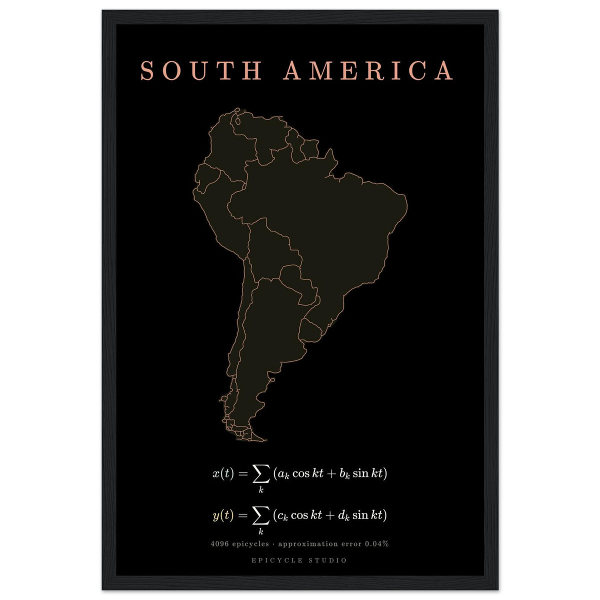 South America map drawn by 4096 rotating circles, salmon line art on a framed poster