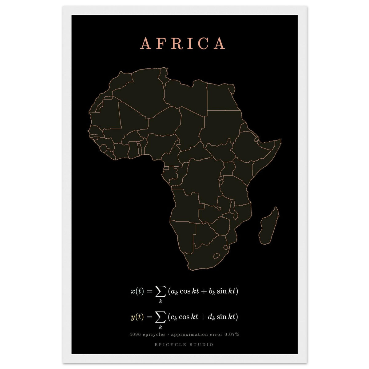 Africa map drawn by 4096 rotating circles, salmon line art on a framed poster (4)