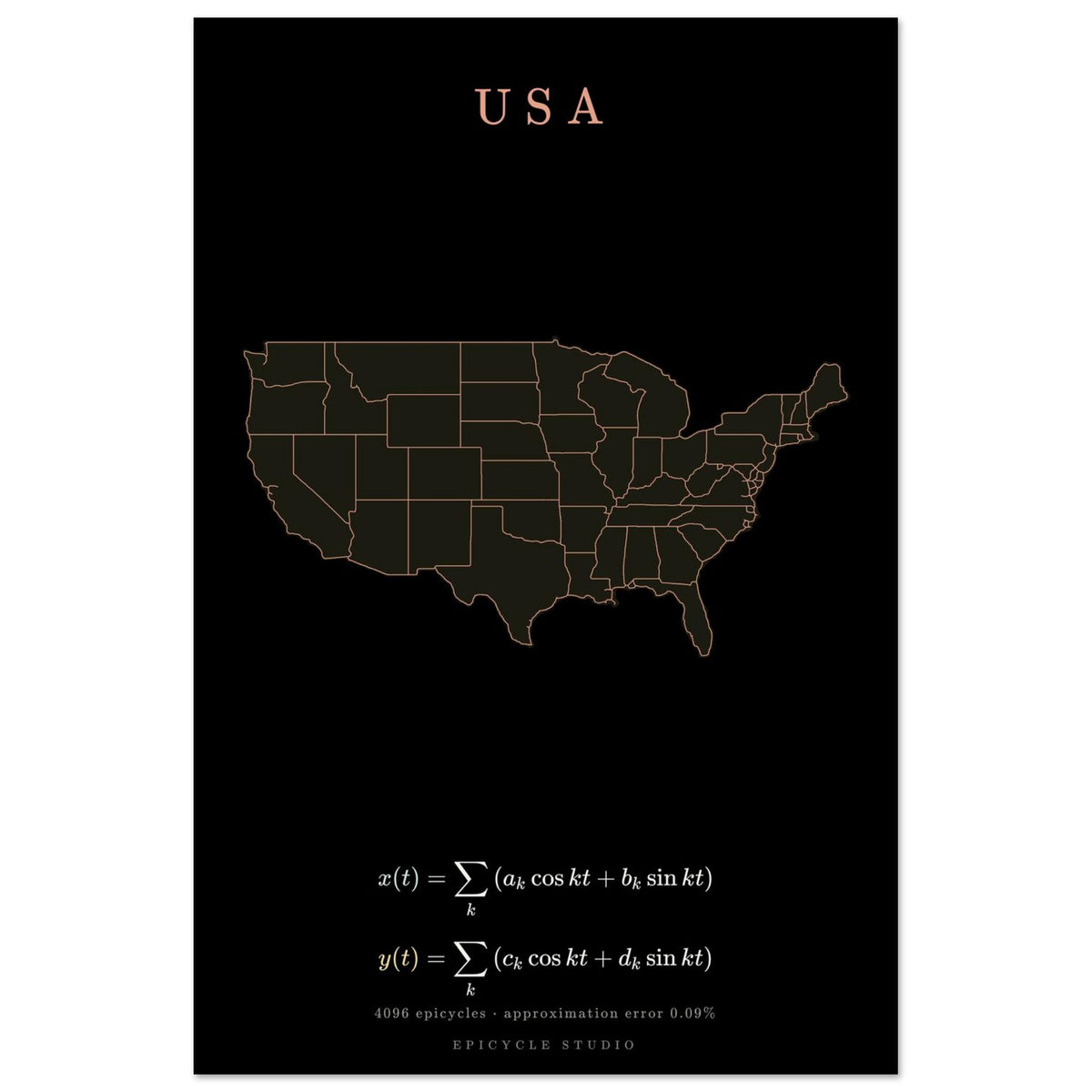 USA map drawn by 4096 rotating circles, salmon line art on a matte poster (3)