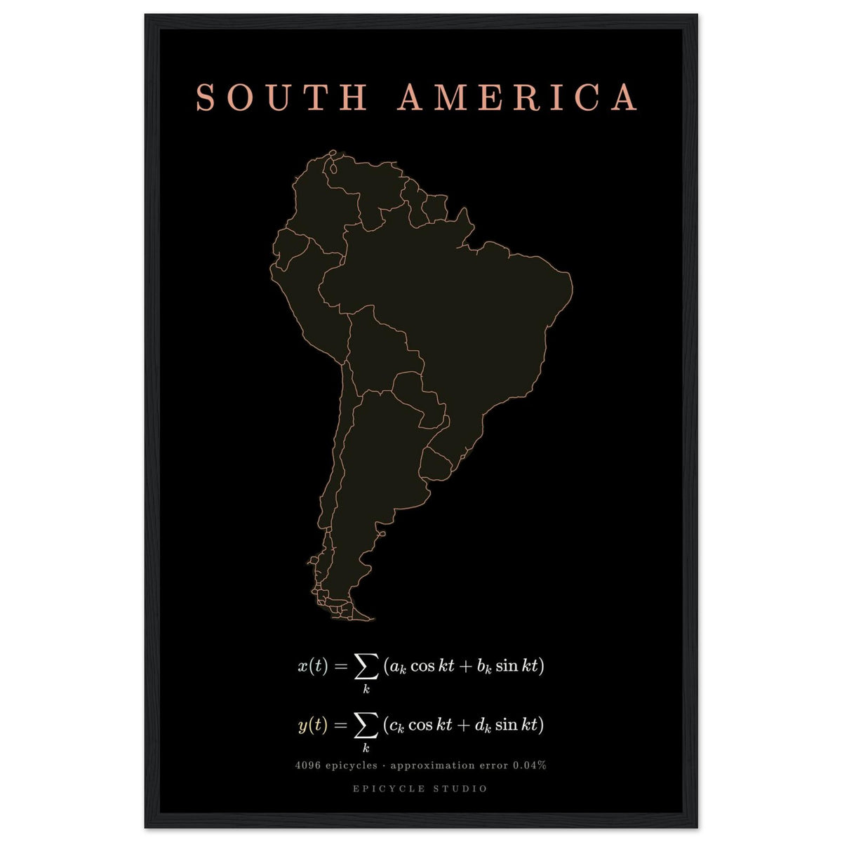 South America map drawn by 4096 rotating circles, salmon line art on a framed poster (3)