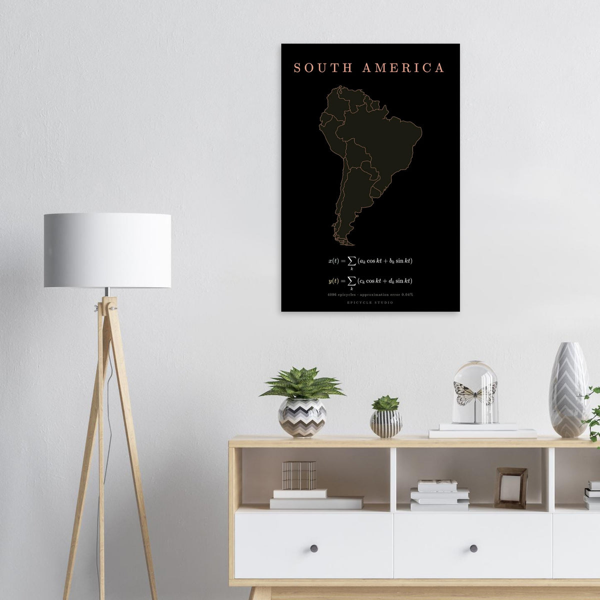 South America map drawn by 4096 rotating circles, salmon line art on a matte poster (7)
